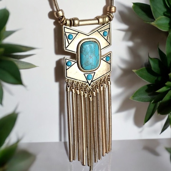 Gold Turquoise Fringe Necklace & Earring Set - Picture 14 of 16